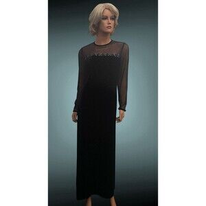 Vtg Jessica Black Velvet Cocktail Maxi Dress Sheer Glam holiday party 12 Beaded